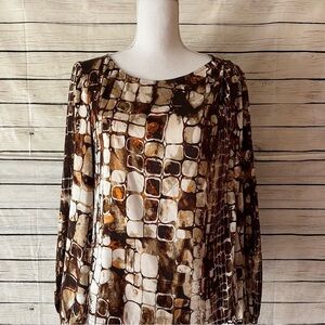 St. John Silk Brown, Cream and Orange Tile Print Long Sleeve Blouse